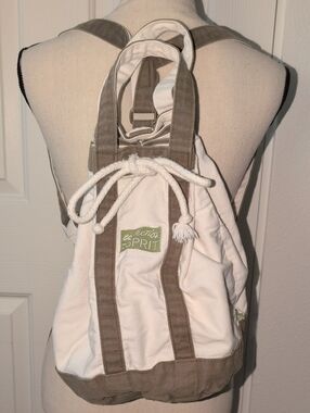 Vintage Esprit Ecollection Cream and Olive Cotton Drawstring Tote/Backpack